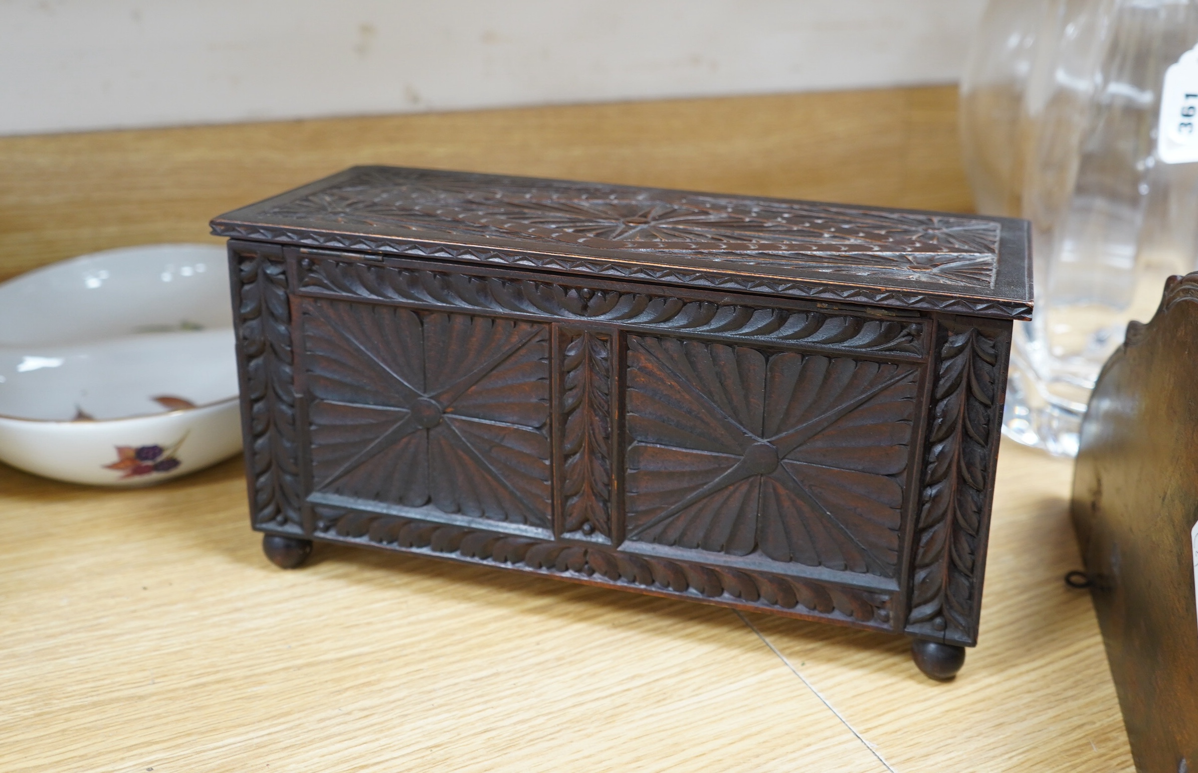 A late 19th century carved walnut and beech eagle wall bracket and a miniature coffer, largest 37cm wide. Condition - fair